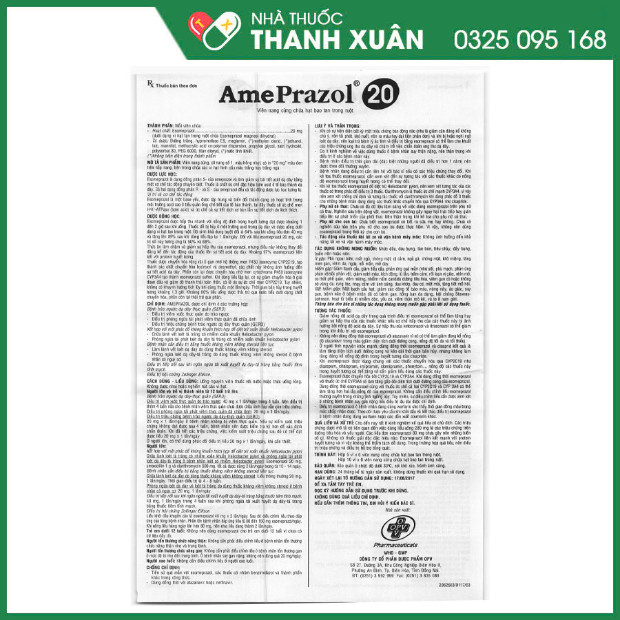 AmePrazol 20mg thuốc điều trị bệnh trào ngược dạ dày thực quản, viêm loét dạ dày và hội chứng Zollinger